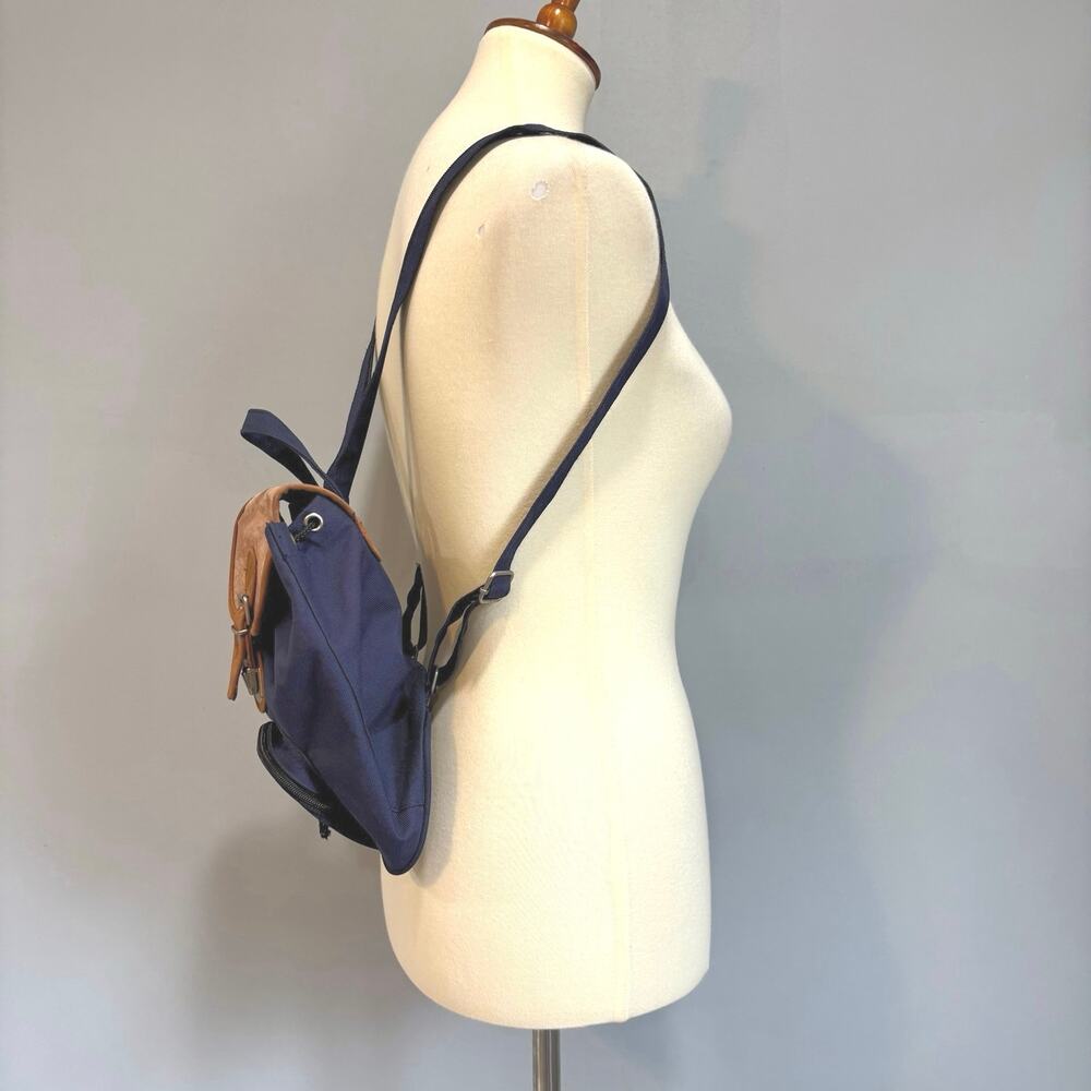 Vintage Small Mini Navy Canvas Backpack with Brown Faux Leather Buckle Flap